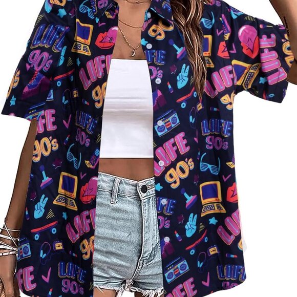 Retro 80s 90s Women Shirt Neon Button Down Short Sleeve Vintage Disco Top - Picture 1 of 2